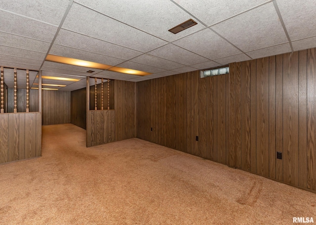 1523 7th St, Orion, IL 61273 - below grade area with a paneled ceiling, carpet, and wood walls