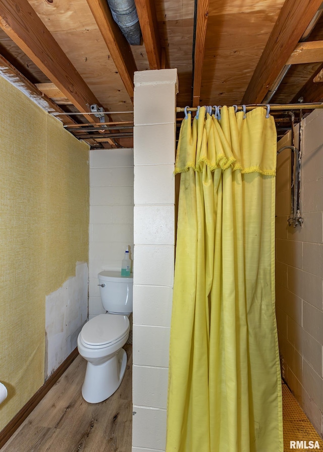 1523 7th St, Orion, IL 61273 - full bathroom with toilet, a shower with shower curtain, concrete block wall, and wood finished floors