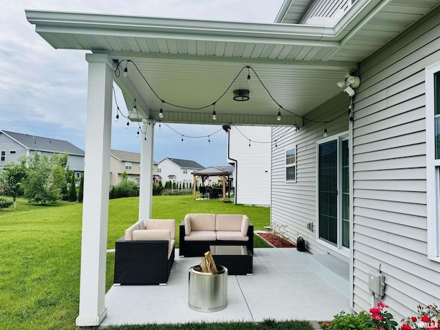11401 N Joseph St, Dunlap, IL 61525 - view of patio featuring a gazebo and an outdoor living space with a fire pit