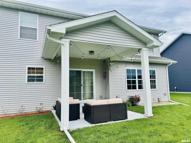 11401 N Joseph St, Dunlap, IL 61525 - back of house with an outdoor hangout area, a lawn, and a patio area