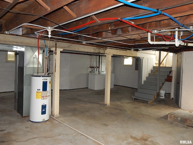 1115 W Locust St, Davenport, IA 52804 - basement with water heater, stairway, and washer and clothes dryer