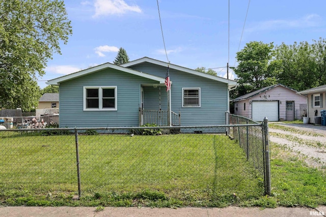 129 State St, Carbon Cliff, IL 61239 - view of front of home with dirt driveway, a detached garage, an outdoor structure, and crawl space