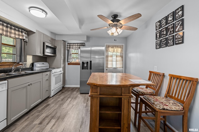 129 State St, Carbon Cliff, IL 61239 - kitchen with stainless steel appliances, gray cabinetry, dark countertops, ceiling fan, and wood finished floors