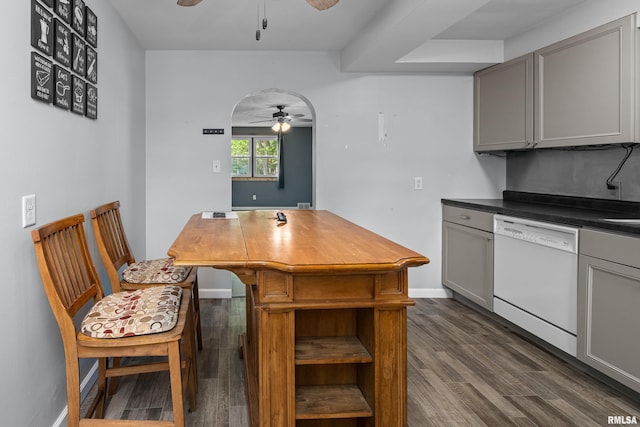 129 State St, Carbon Cliff, IL 61239 - kitchen with a ceiling fan, dishwasher, gray cabinetry, and dark wood-style flooring
