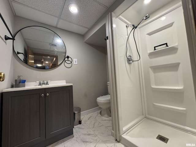 2139 10th St, East Moline, IL 61244 - bathroom with marble finish floors, a shower stall, vanity, toilet, and recessed lighting