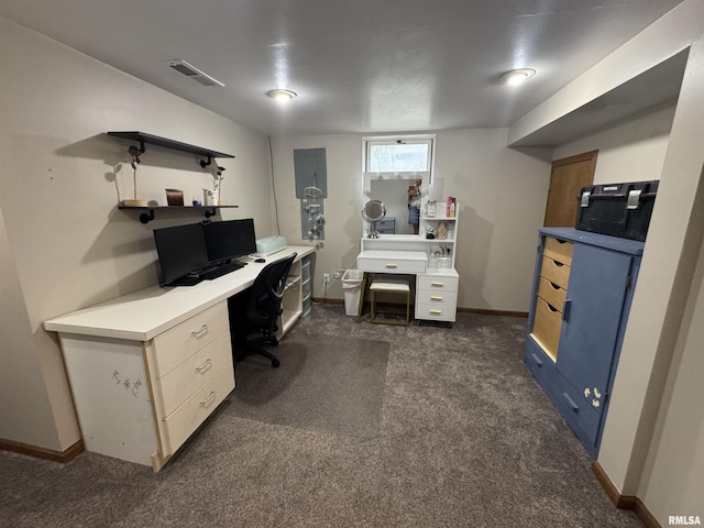 2139 10th St, East Moline, IL 61244 - office area with dark colored carpet, baseboards, and electric panel