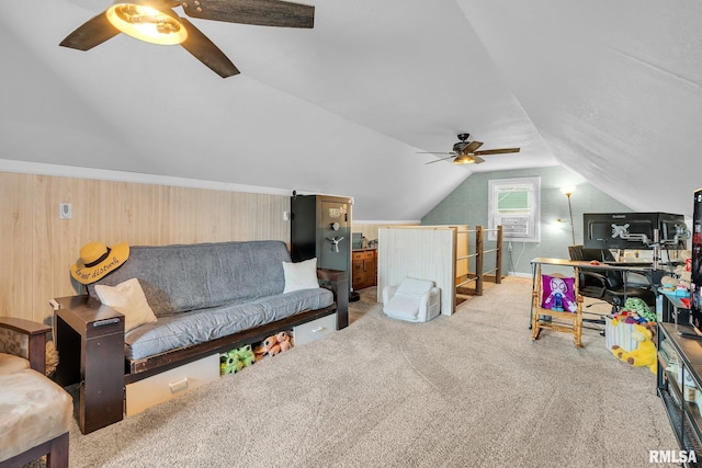 1519 W Columbia Ave, Davenport, IA 52804 - carpeted living room with a ceiling fan, lofted ceiling, and an office area