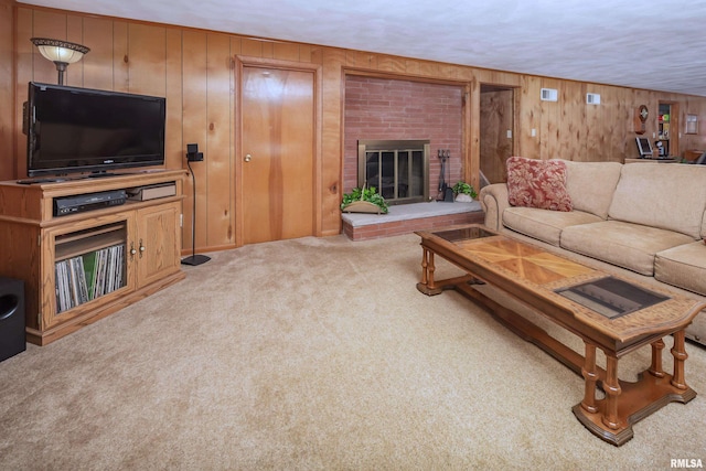 2737 28th Ave, Rock Island, IL 61201 - carpeted living area with wood walls and a brick fireplace