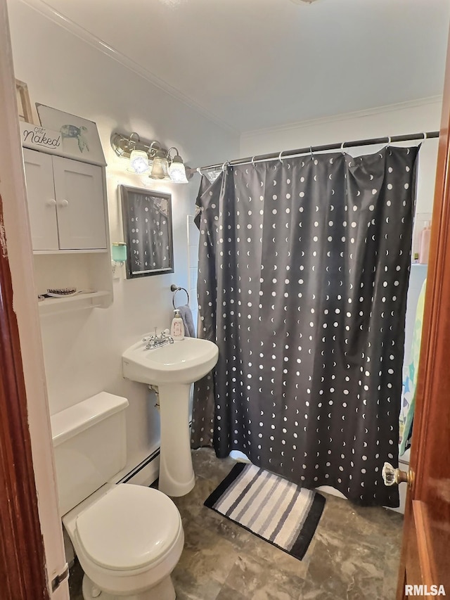 1324 Grandview Dr, Clinton, IA 52732 - bathroom with a baseboard heating unit, ornamental molding, toilet, and curtained shower