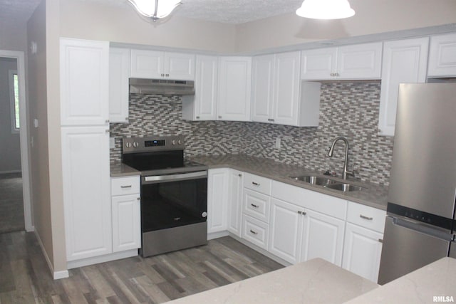 2531 E 51st St Unit 202B, Davenport, IA 52807 - kitchen with stainless steel appliances, a sink, under cabinet range hood, and decorative backsplash