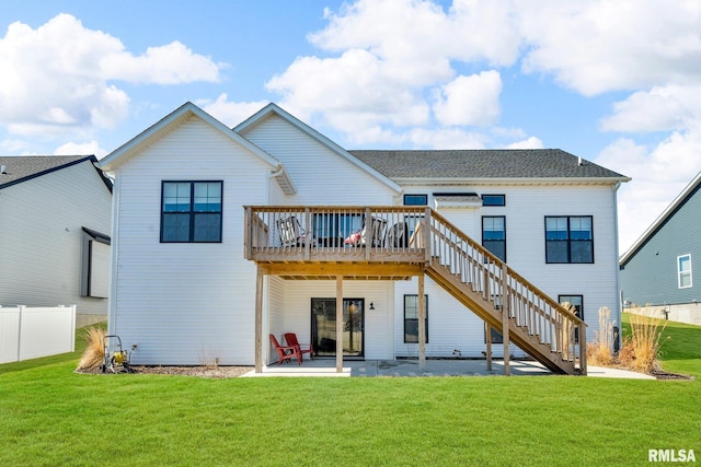 6997 Matthews Pass, Bettendorf, IA 52722 - back of house with stairs, a wooden deck, and a patio