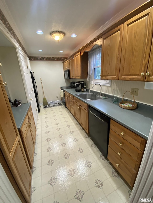 904 W Main St, Reynolds, IL 61279 - kitchen featuring black appliances, a sink, dark countertops, brown cabinetry, and crown molding