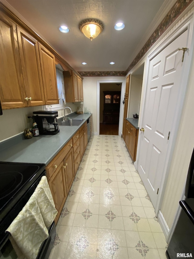 904 W Main St, Reynolds, IL 61279 - kitchen with a sink, brown cabinetry, recessed lighting, dishwasher, and black electric range
