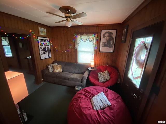 904 W Main St, Reynolds, IL 61279 - living room with a ceiling fan and wooden walls