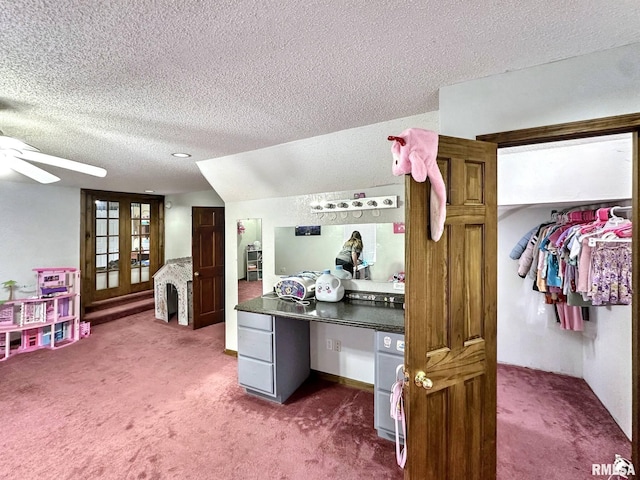 52 Chickasaw St, Mcclure, IL 62957 - office area with carpet, ceiling fan, a textured ceiling, and french doors