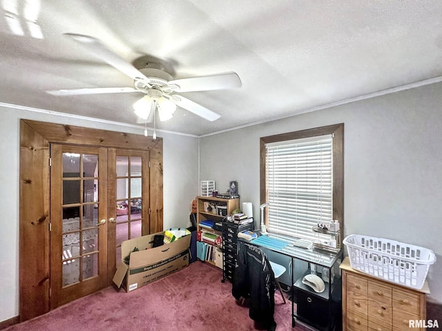52 Chickasaw St, Mcclure, IL 62957 - carpeted office space featuring french doors, a ceiling fan, and crown molding