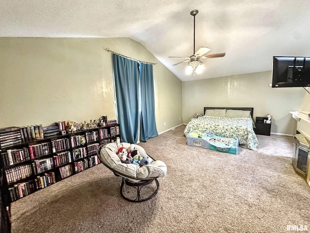 52 Chickasaw St, Mcclure, IL 62957 - carpeted bedroom with lofted ceiling, a textured ceiling, a ceiling fan, and a glass covered fireplace