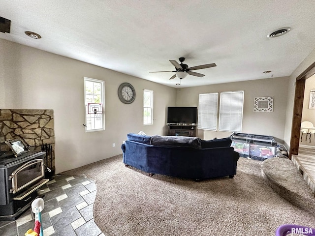 52 Chickasaw St, Mcclure, IL 62957 - living room featuring a wood stove, carpet floors, and ceiling fan