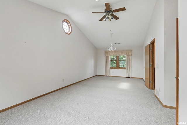 4612 Marquette St, Davenport, IA 52806 - empty room with ceiling fan, a chandelier, baseboards, light carpet, and high vaulted ceiling