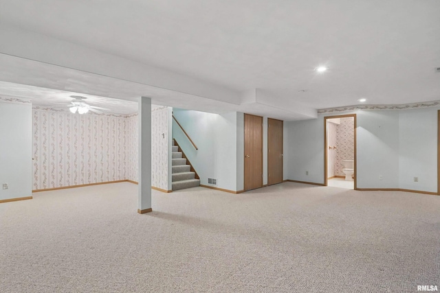 4612 Marquette St, Davenport, IA 52806 - finished below grade area with stairway, baseboards, carpet, wallpapered walls, and recessed lighting