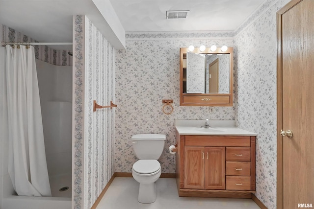 4612 Marquette St, Davenport, IA 52806 - full bath with wallpapered walls, vanity, a stall shower, toilet, and baseboards