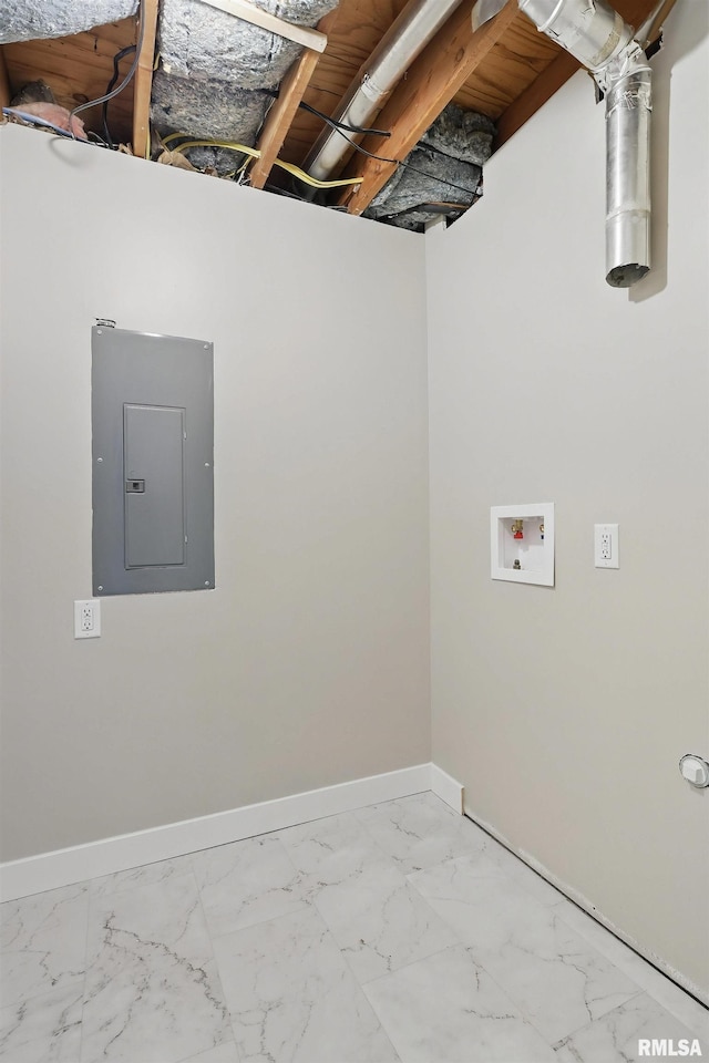 3610 Tam-O-Shanter Dr, Bettendorf, IA 52722 - washroom with electric panel, baseboards, marble finish floors, and washer hookup