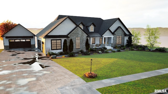 19456 250th Ave, Bettendorf, IA 52722 - view of front facade featuring stone siding, driveway, a garage, and a front yard