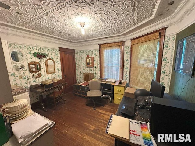 605 Fulton St, Grand Mound, IA 52751 - office area with wood-type flooring, an ornate ceiling, wallpapered walls, and crown molding