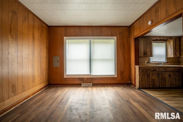 710 S Bentley St, Marion, IL 62959 - unfurnished dining area featuring dark wood-style flooring, baseboards, wood walls, and a sink