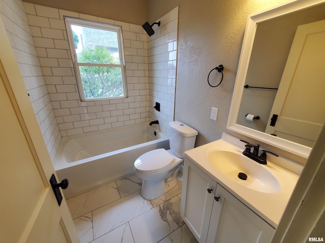 2037 18th St Unit B, Moline, IL 61265 - bathroom featuring vanity, a textured wall, washtub / shower combination, toilet, and marble finish floors