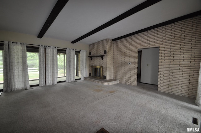 18616 N 35th Ave, East Moline, IL 61244 - unfurnished living room with brick wall, a brick fireplace, and carpet flooring