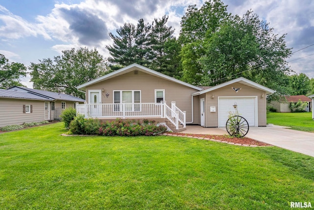605 SW 5th Ave, Aledo, IL 61231 - ranch-style house featuring concrete driveway, a front lawn, a garage, and a wooden deck