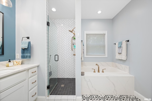 1100 Wild W Dr, Le Claire, IA 52753 - bathroom with vanity, a bath, a stall shower, and recessed lighting