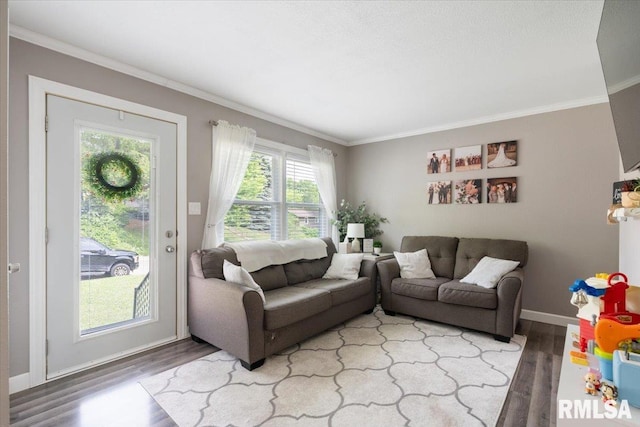 306 Myra Pl, Clinton, IA 52732 - living room with wood finished floors, ornamental molding, and baseboards