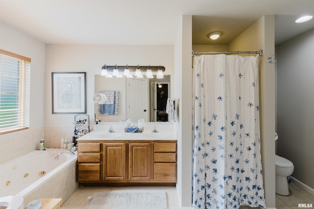 1710 Broeking Rd, Marion, IL 62959 - full bath with tile patterned floors, toilet, double vanity, a jetted tub, and a shower with curtain