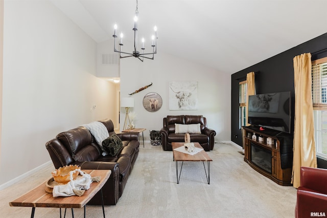 1710 Broeking Rd, Marion, IL 62959 - living area featuring a chandelier, lofted ceiling, light carpet, and baseboards