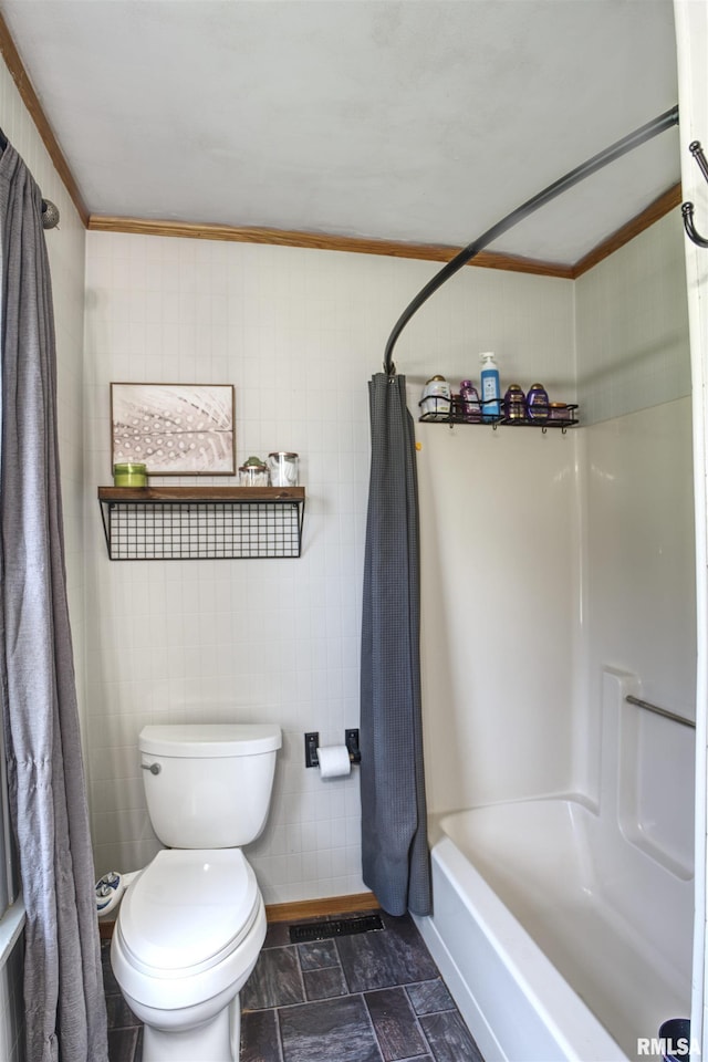 115 4th St, Fulton, IL 61252 - full bathroom with crown molding, shower / bath combination with curtain, and stone finish floors