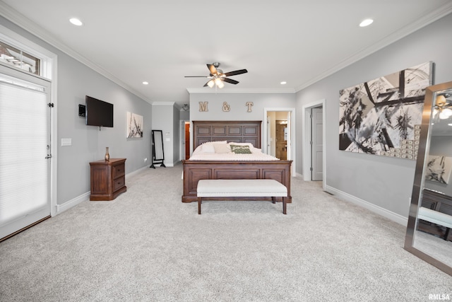 5 High Point Pl, Bettendorf, IA 52722 - bedroom featuring recessed lighting, light colored carpet, ornamental molding, and a ceiling fan