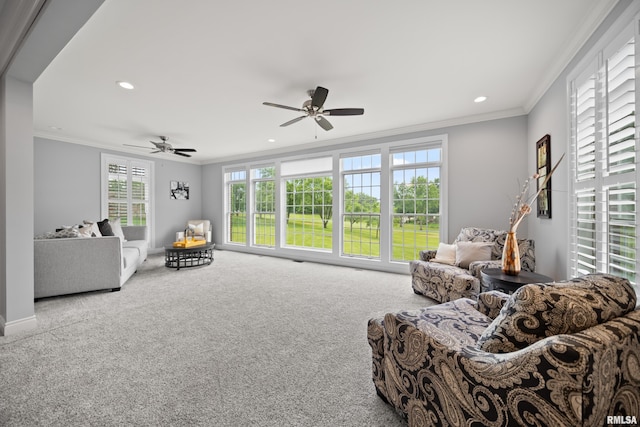 5 High Point Pl, Bettendorf, IA 52722 - carpeted living room featuring crown molding, ceiling fan, and recessed lighting
