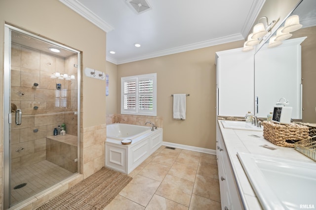 5 High Point Pl, Bettendorf, IA 52722 - bathroom featuring double vanity, a garden tub, a stall shower, crown molding, and tile patterned floors