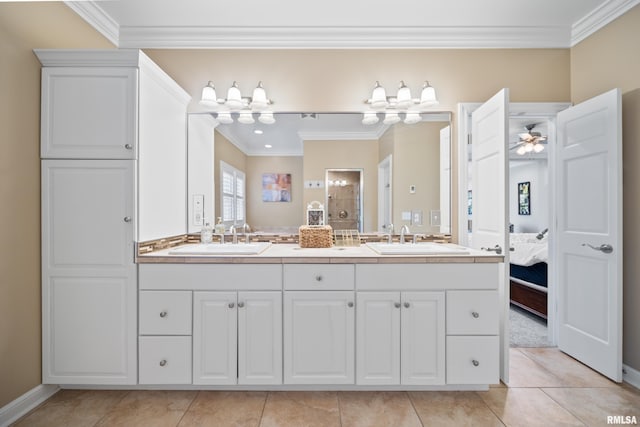 5 High Point Pl, Bettendorf, IA 52722 - full bath featuring crown molding, double vanity, tile patterned flooring, ensuite bathroom, and tiled shower