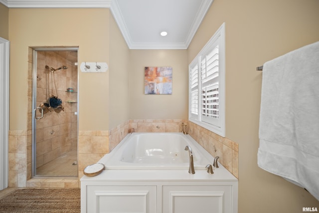 5 High Point Pl, Bettendorf, IA 52722 - bathroom with a whirlpool tub, a shower stall, and ornamental molding