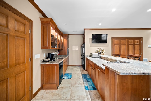 5 High Point Pl, Bettendorf, IA 52722 - kitchen with black appliances, brown cabinetry, glass insert cabinets, a peninsula, and ornamental molding