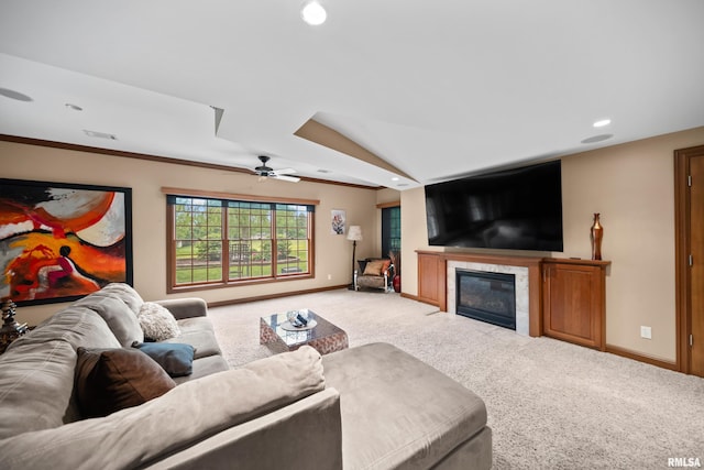 5 High Point Pl, Bettendorf, IA 52722 - carpeted living area featuring recessed lighting, ceiling fan, and a glass covered fireplace