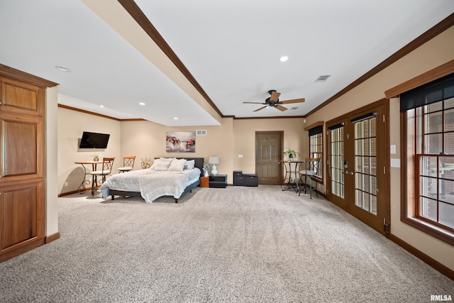5 High Point Pl, Bettendorf, IA 52722 - carpeted bedroom featuring ornamental molding, french doors, multiple windows, and recessed lighting