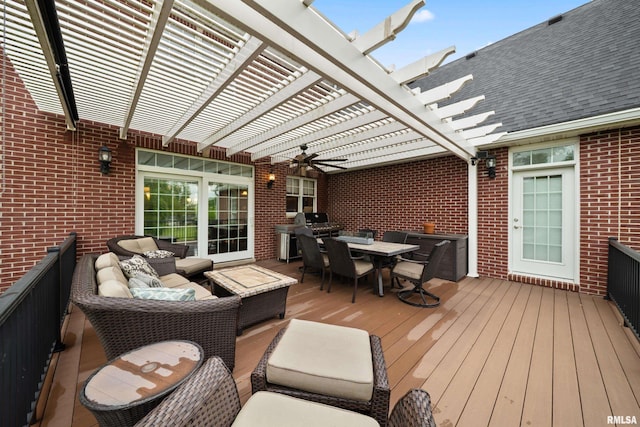 5 High Point Pl, Bettendorf, IA 52722 - deck with a pergola, outdoor dining space, a ceiling fan, and an outdoor hangout area