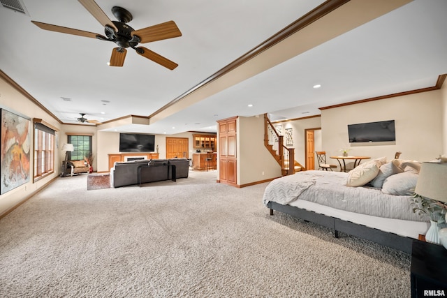 5 High Point Pl, Bettendorf, IA 52722 - bedroom featuring ornamental molding, light carpet, recessed lighting, and a raised ceiling
