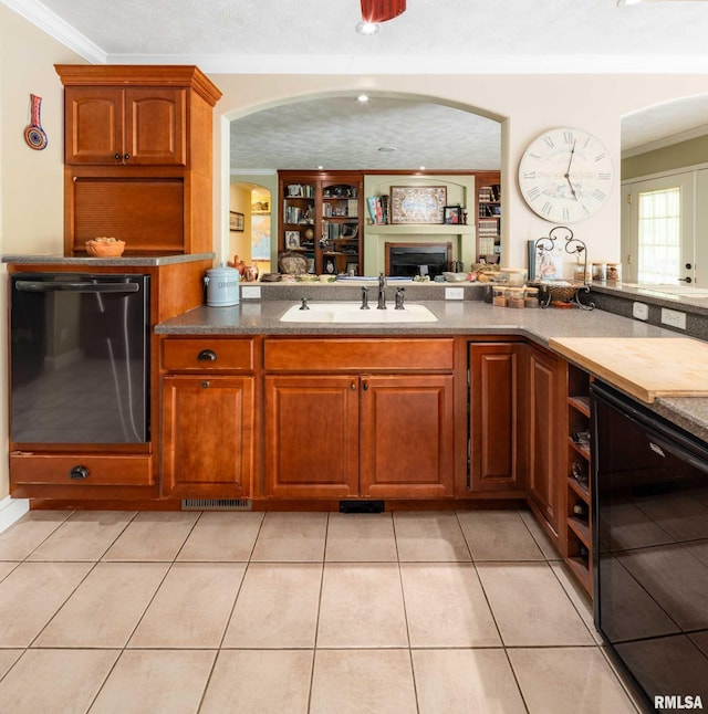 1300 W Brewster Rd, Herrin, IL 62948 - kitchen featuring wine cooler, dishwasher, crown molding, arched walkways, and a fireplace