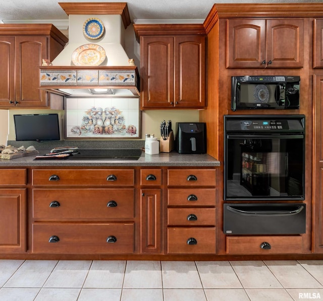 1300 W Brewster Rd, Herrin, IL 62948 - kitchen featuring black appliances, a warming drawer, custom exhaust hood, dark countertops, and brown cabinetry