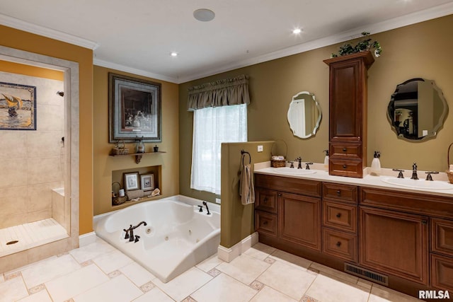 1300 W Brewster Rd, Herrin, IL 62948 - bathroom with a whirlpool tub, double vanity, tiled shower, recessed lighting, and ornamental molding